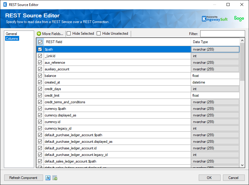 SSIS Sage Business Cloud REST Source - Columns